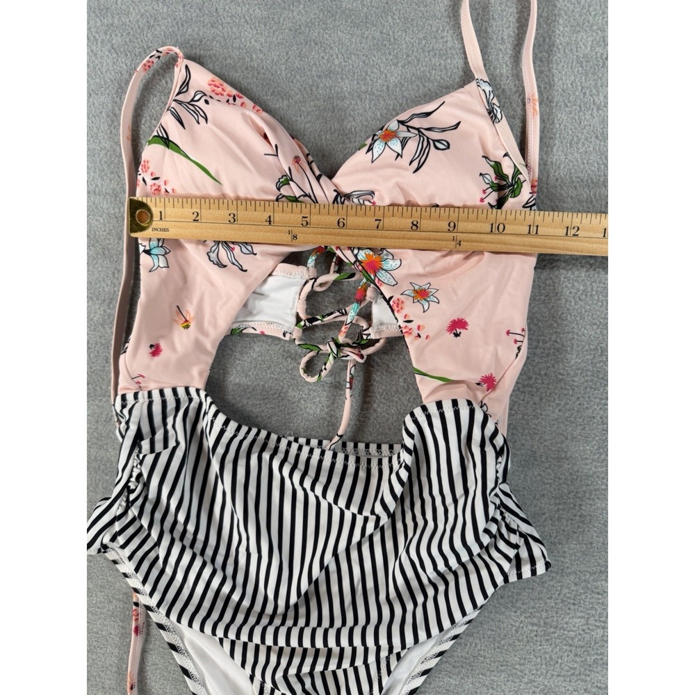 Cupshe M Floral Twist Cut Out Bathing Suit Swim Pink Corset Back Striped - Picture 7 of 8